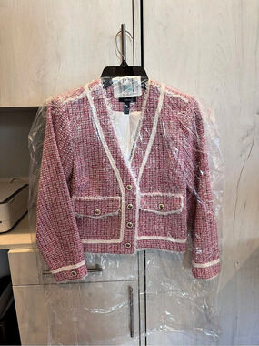 AQUA Pink Tweed Fringe Blazer Pink & White Size XS